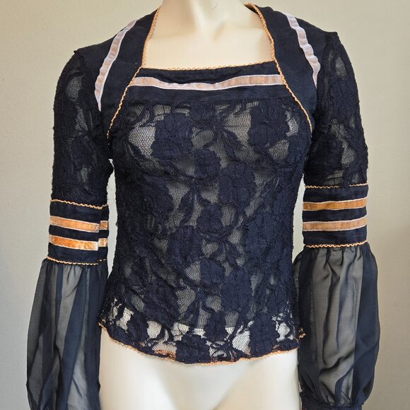 Vintage Banana USA Black Lace Blouse w/ Velvet Trim Y2K Goth - Picture 1 of 7